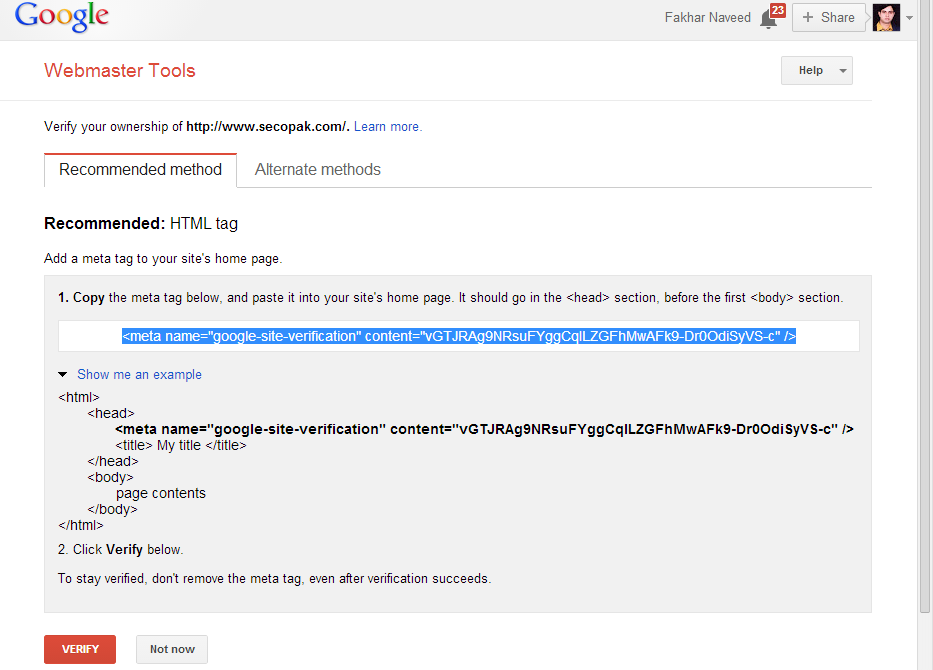 HTML tag to verify domain